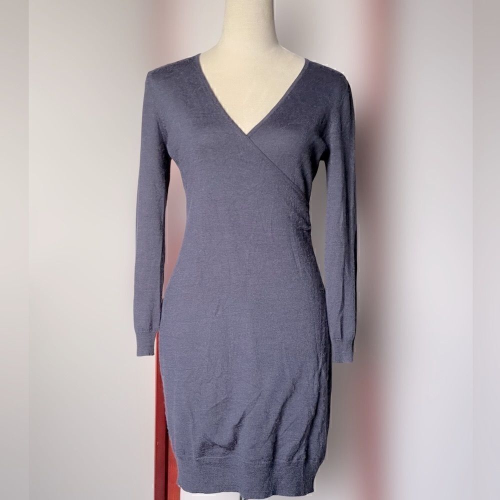 Ann Taylor Loft Petites Blue Wrap Wool Blend Long Sleeve Dress (Sm/Petite)